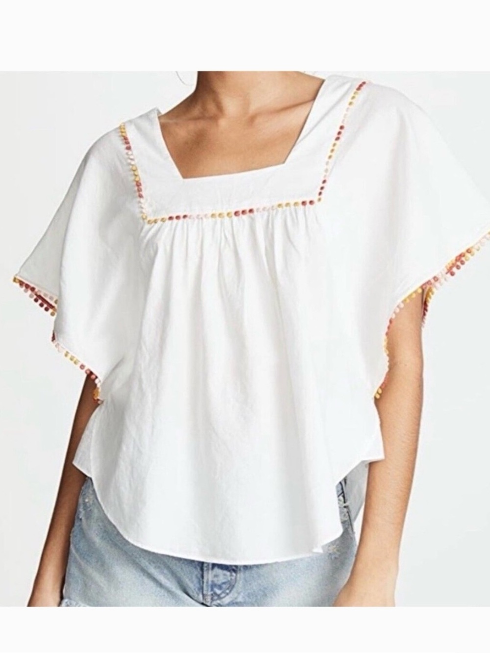 Madewell White Peasant Top Pom Trim Square Neck Batwing Cotton Butterfly Small